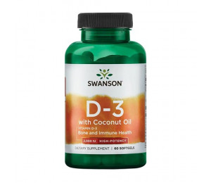 Swanson  Vitamin D3 + Coconut Oil, 2000IU 60caps (Parim enne: 09.2022)