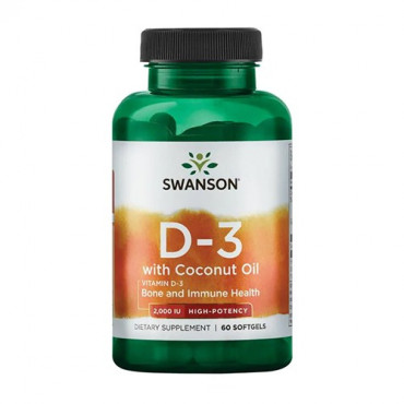 Swanson  Vitamin D3 + Coconut Oil, 2000IU 60caps (Parim enne: 09.2022)